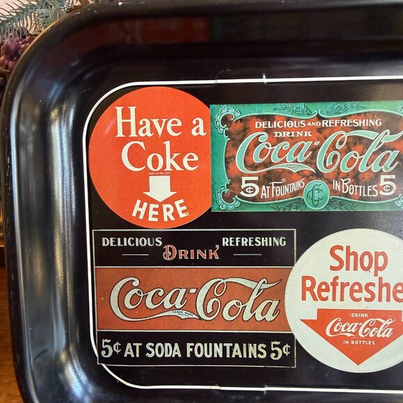 1995 Black Metal Coca Cola Tray Featuring a Collage of Vintage Advertisements - Picture 4 of 13